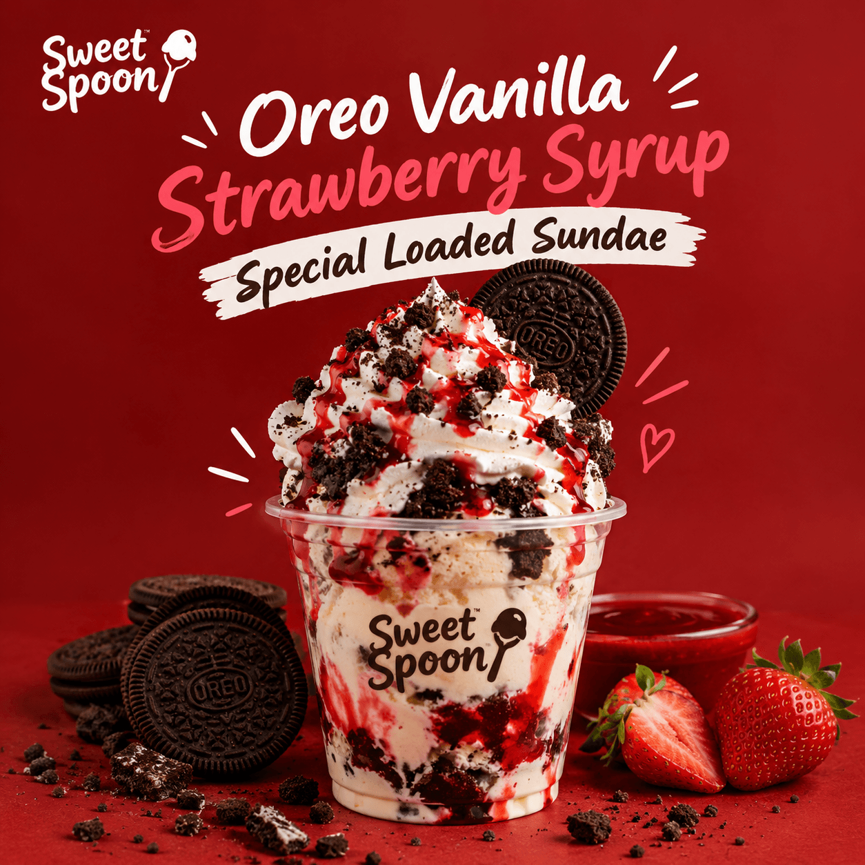 Oreo Vanilla Strawberry Syrup Special Loaded Sundae
